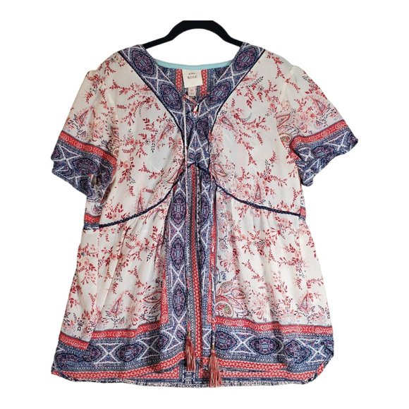 Knox Rose Paisley Print Chiffon Boho Lace Up Tassel Top Sz XL Red White Blue - Picture 1 of 7